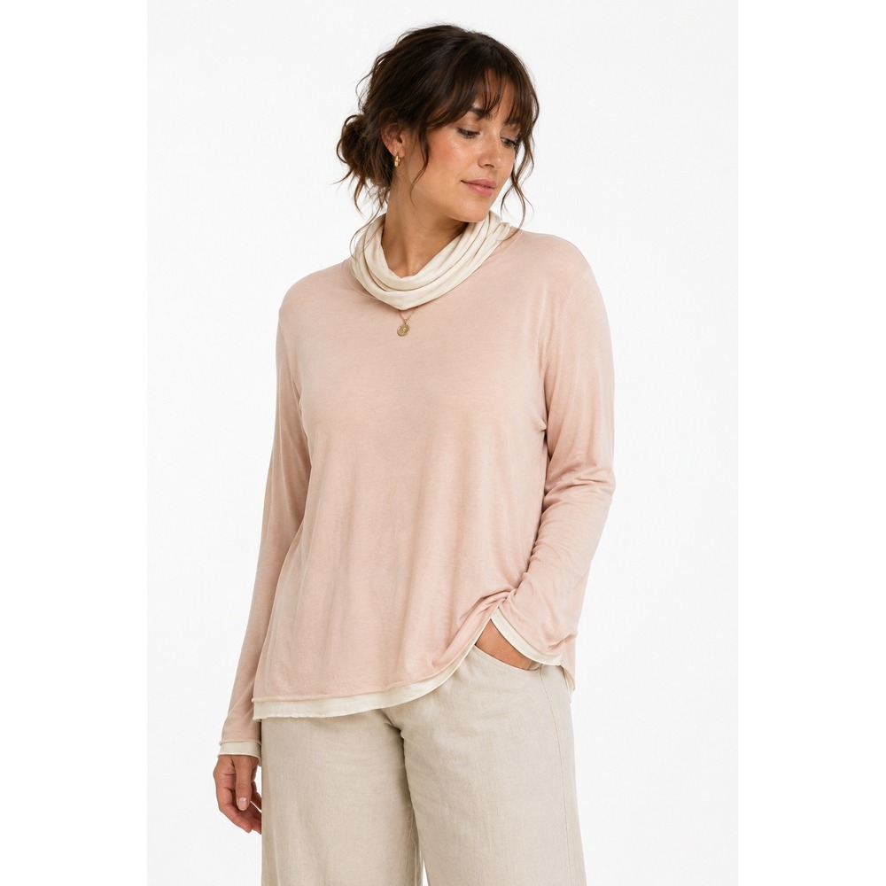 Layered Pima Cotton Turtleneck Top M Blush Ivory Double Layer Minimalist Artsy